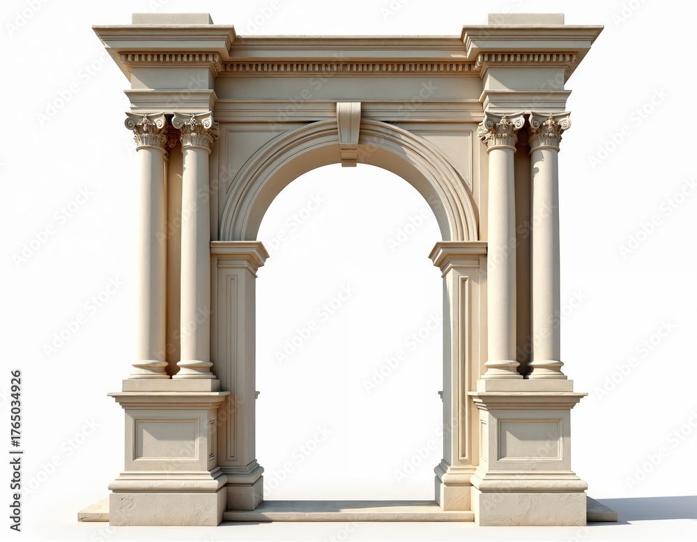 Fototapeta premium Classic stone archway with columns isolated on white. Archway shows architecture design element. Structure includes pillar entrance gateway. Building render with antique symmetric facades historical