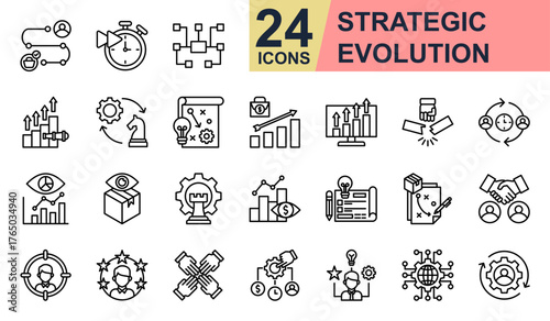 Strategic evolution Icons set vector illustration. Containing Customer Journey, Vision Growth, Innovation Strategy, Company Vision, Digital transformation and more. Simple line icons collection.