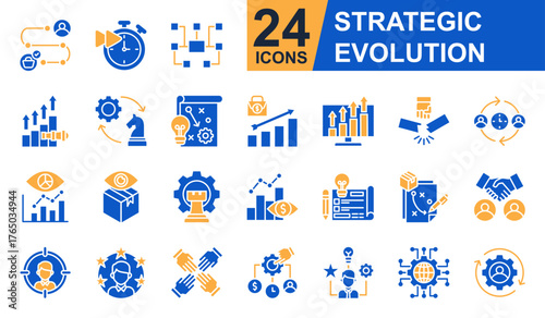 Strategic evolution Icons set vector illustration. Containing Customer Journey, Vision Growth, Innovation Strategy, Company Vision, Digital transformation and more. Simple solid icons collection.