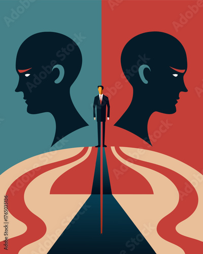 A mysterious silhouette with two opposing figures inside signifying the constant internal struggle to make decisions and choose between different paths.. Vector illustration