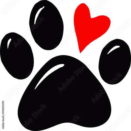 Black dog paw print, isolated, with red heart symbol replacing one toe pad. Simple bold graphic expressing pet love and animal affection. For veterinary, pet care, adoption campaigns.
