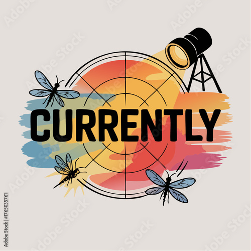 currently: urgent announcement headline in condensed sans with radar ring watercolor spotlight for live-update banners, alerts, and promotional callouts