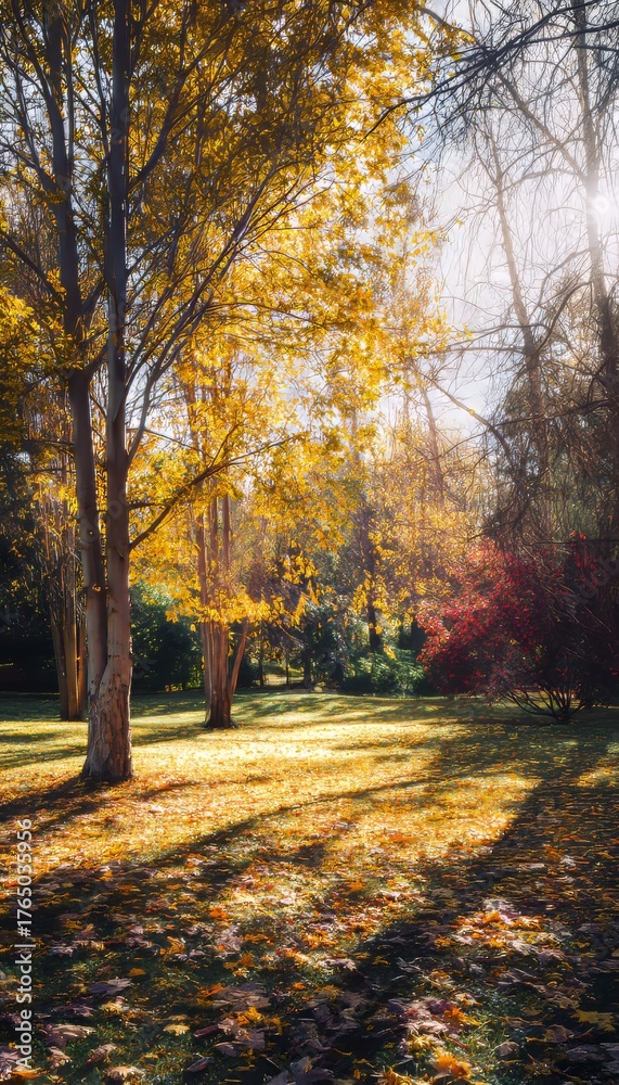 Fototapeta premium Serene autumn park scene with vivid yellow and red foliage and gentle sunlight through trees