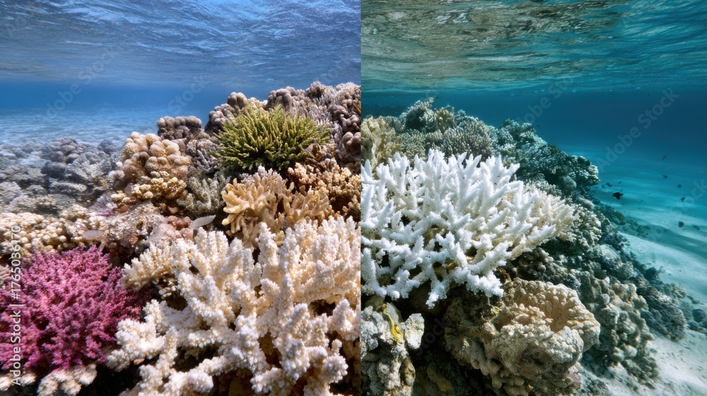 Naklejka premium Split scene of coral reef: one side vibrant and full of life, the other side bleached and lifeless