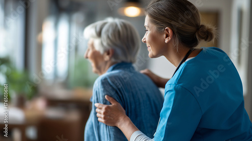 Healthcare worker in scrubs supporting elderly patient from behind faces not shown assisted walking senior mobility help in home nursing care eldercare support geriatric assi