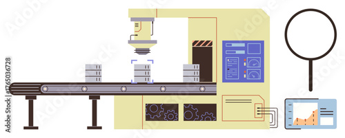 Robotic arm inspecting products on conveyor belt, data displayed on monitor, magnifying glass visualizing accuracy. Ideal for manufacturing, automation, quality assurance, AI oversight, robotics