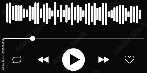 Media Player progress loading bar, play next, rewind fast forward buttons. Templates of music playback panel interface. Sound waves or voice message. Audio or video player progress loading bar rewind 
