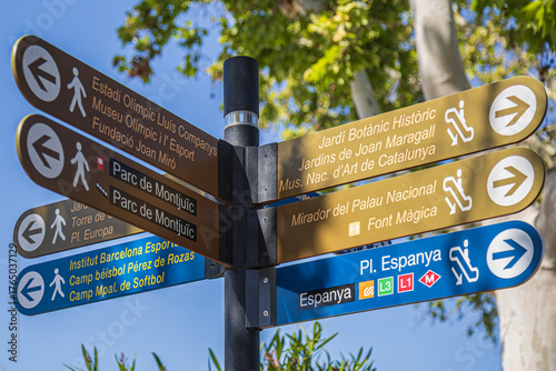 Street signs marking the direction to the few famous sites to visit in Barcelona, Spain