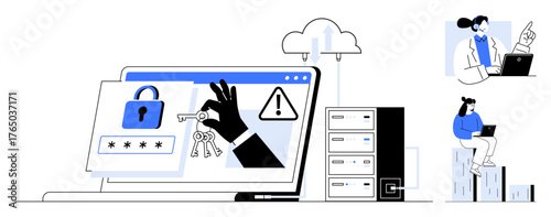 Laptop showing lock and warning sign, a hand holding keys, server racks, cloud storage, professionals engaged with laptops. Ideal for cybercrime, data theft, online safety, encryption IT security