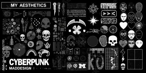 Collection of cyberpunk and gothic aesthetic elements and graphics for design projects
