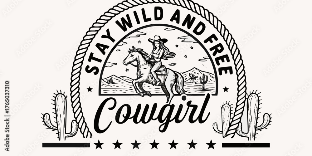 Fototapeta premium Stylized illustration of a cowgirl riding a horse with desert landscape and cacti text says stay wild and free cowgirl