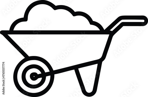 Wheelbarrow with Load of Soil Outline Vector Icon for Gardening, Landscaping, Construction, and Farm Work