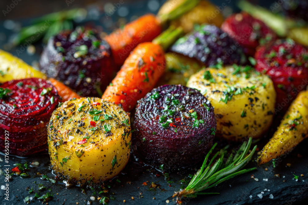 Fototapeta premium Colorful roasted root vegetables on matte slate background with space for text