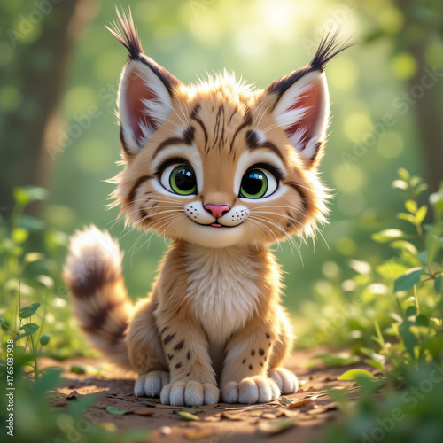 Adorable baby lynx sitting in a forest with a playful expression and soft background