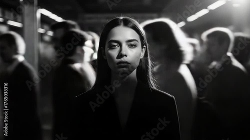 Calm amidst chaos: woman walking through busy city crowd in black and white