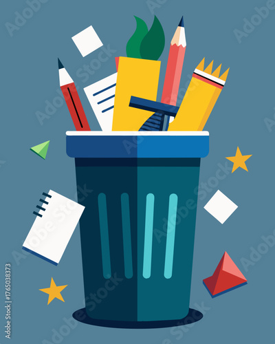 A garbage can overflowing with ripped papers pens and other school supplies a clear message of how bullying can leave a person feeling discarded and worthless.. Vector illustration