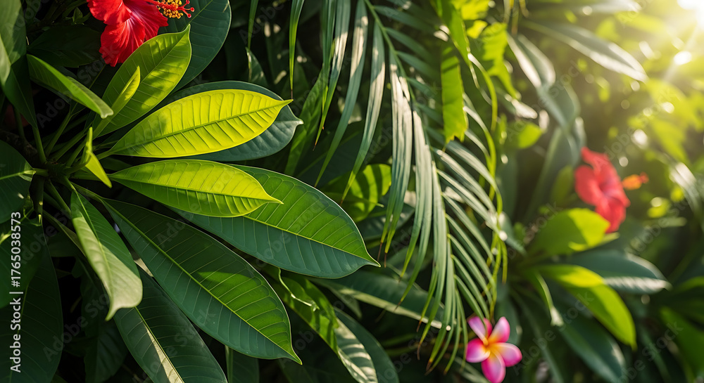Obraz premium Lush tropical foliage with vibrant green leaves and colorful flowers in a sunlit garden setting