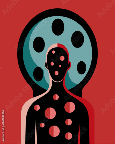 A faceless figure in the mirror with empty black holes where its eyes should be sending shivers down their spine.. Vector illustration