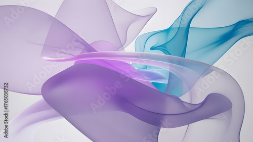 Abstract flowing translucent ribbons of purple and teal colors create a dynamic and ethereal visual effect on a white background