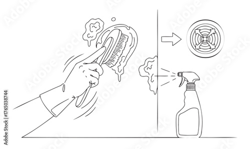 Minimalist black-and-white illustration of hand cleaning mold with brush and spray bottle on wall. Perfect for mold removal, home repair, and health content