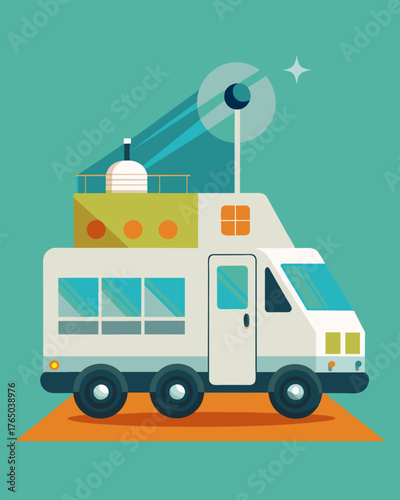 A mobile research station on wheels trekking through remote regions with solar panels to keep its equipment running.. Vector illustration