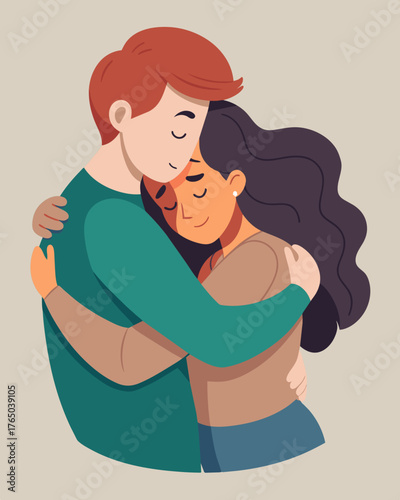 A couple hug after a disagreement but the huggers arms are tight and their eyes hold a look of triumph as if they have won the argument.. Vector illustration