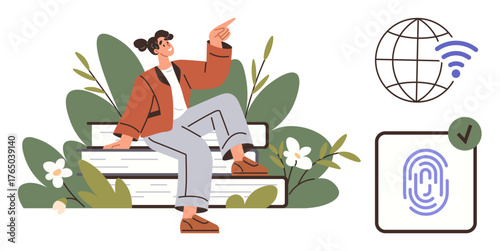 Woman sitting on books pointing upward, surrounded by plants, alongside icons of a globe, wireless signal, fingerprint, and a checkmark. Ideal for education, technology, security connectivity