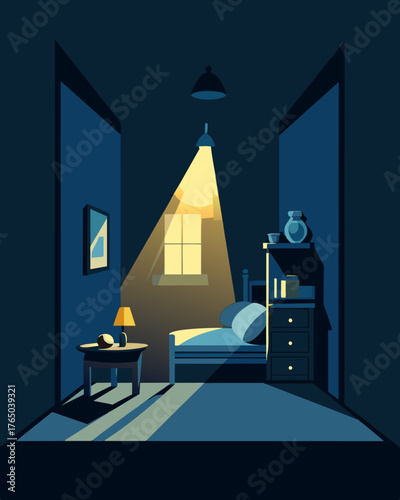 A cramped bedroom the only source of light coming from a dim gaslight causing an illusion that the walls are closing in.. Vector illustration