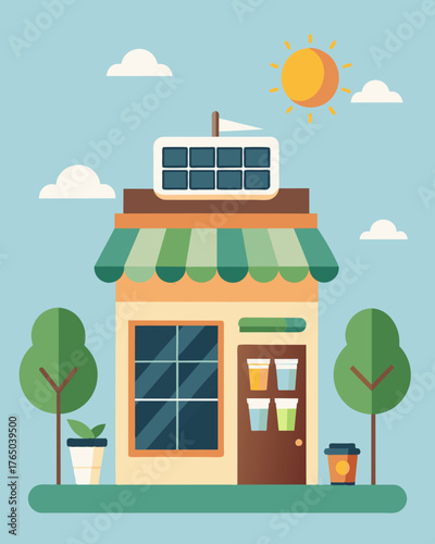 A small but chic coffee shop prides itself on its use of renewable energy sources with the solarpowered refrigerator ensuring that its desserts and iced beverages are always served. Vector