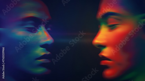 Two faces in profile illuminated by vibrant rainbow light reflecting each other in a close up artistic portrait against a dark background