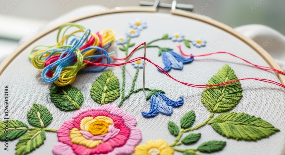 Fototapeta premium Hand embroidery floral pattern in progress with colorful threads