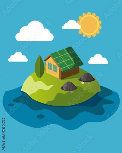 A small island off the coast was now a haven for sea turtles as solar panels were installed along its shores providing sustainable energy for the research station that worked to. Vector illustration