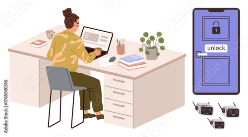 Woman sitting at desk using laptop, plant, books, locked door, and surveillance cameras. Ideal for cybersecurity, data protection, privacy, office work remote work modern technology secure access