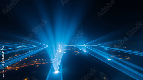 Futuristic cityscape illuminated by vibrant blue light beams, creating a dynamic and technological atmosphere