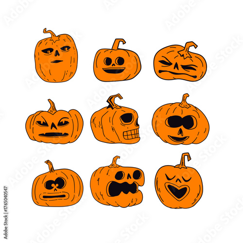Halloween pumpkins with funny and spooky carved faces, cartoon vector illustration