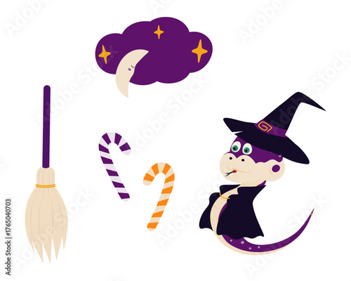 Halloween Snake in Witch Hat and Cloak Broom Crescent on Cloud with Stars and Striped Candy Cane Set