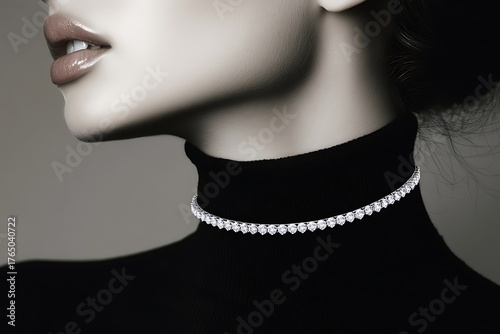 A classic diamond choker adorned with small round diamonds, worn over a black turtleneck under soft studio lighting 
