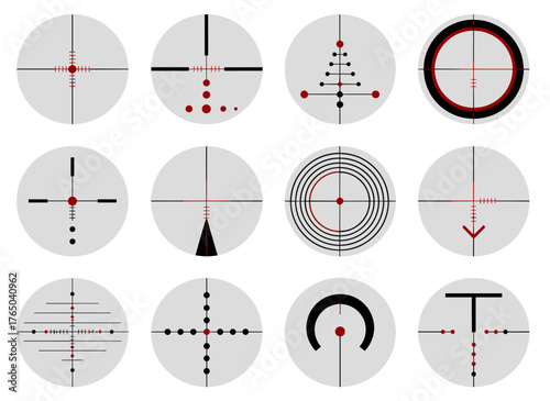 A collection of vector icons depicting aiming, including target symbols, accuracy marks, a gunshot focus point, and various aiming illustrations for precise targeting