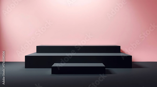 Fototapeta Naklejka Na Ścianę i Meble -  Minimalist black podium on pink background for product presentation, modern showcase with empty space