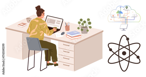 Woman focused on tasks at laptop, surrounded by organized desk items. Digital cloud diagram and atomic model highlight innovation and interconnected knowledge. Ideal for technology, science