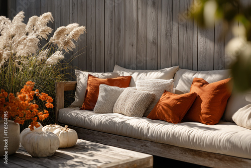 Jesienny, przytulny taras: beżowa sofa z pomarańczowymi i kremowymi poduszkami, dynie, trawa pampasowa i drewniana ściana.
