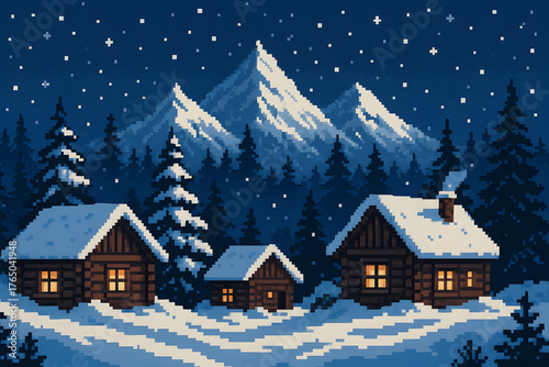 8-Bit Snowy Mountain Village – Pixel Winter Landscape Background