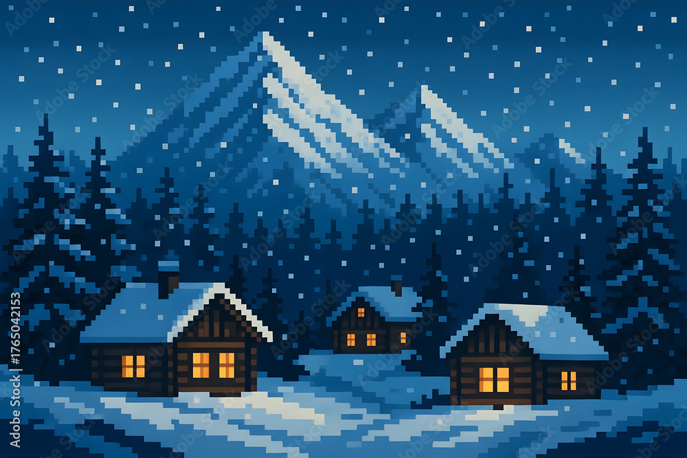 Fototapeta premium 8-Bit Snowy Mountain Village – Pixel Winter Landscape Background