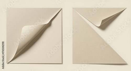 Elevated view of two square sheets of paper with curled corners on a light beige background