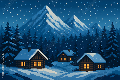 8-Bit Snowy Mountain Village – Pixel Winter Landscape Background