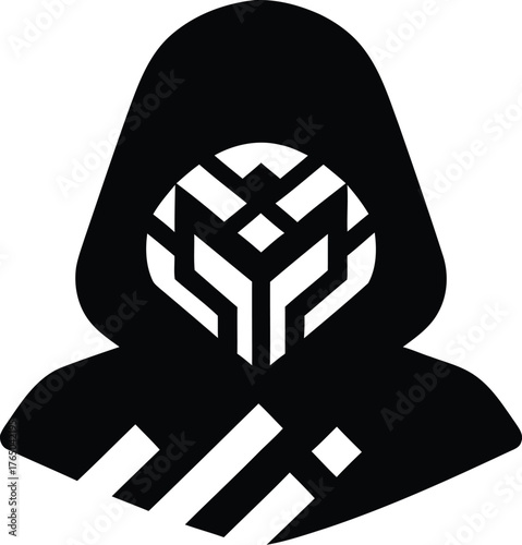 Futuristic hooded figure with stylized mask embodying mystery anonymity and advanced technology symbolizing cybersecurity or a secret agent persona vector Game logo