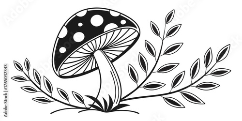 Hand-drawn mushroom vector with leafy branches and textured stem in black and white botanical forest illustration