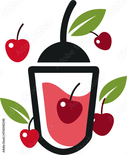 Cherry juice in a cute cup, cherries with leaves. silhouette vector icon , , white background