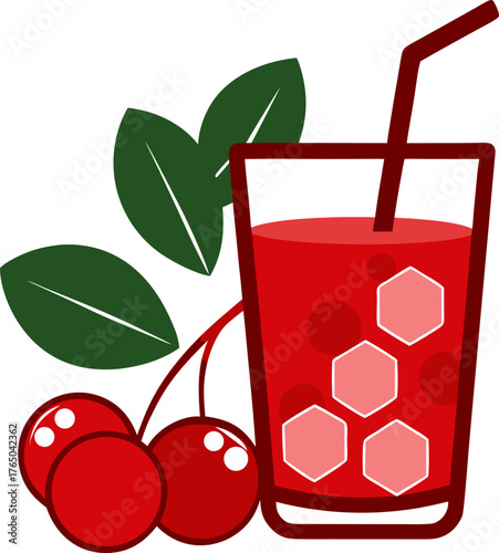 Cranberry juice in a glass with ice cubes and cranberries. silhouette vector icon , , white background
