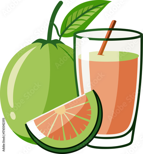 Guava juice in a tropical glass, guava fruit beside it. silhouette vector icon ,  white background